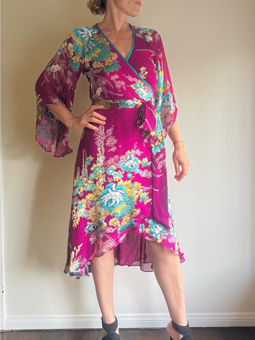 Magenta and Turquoise Floral Burnout Luxurious Silk Wrap dress, Sz 4